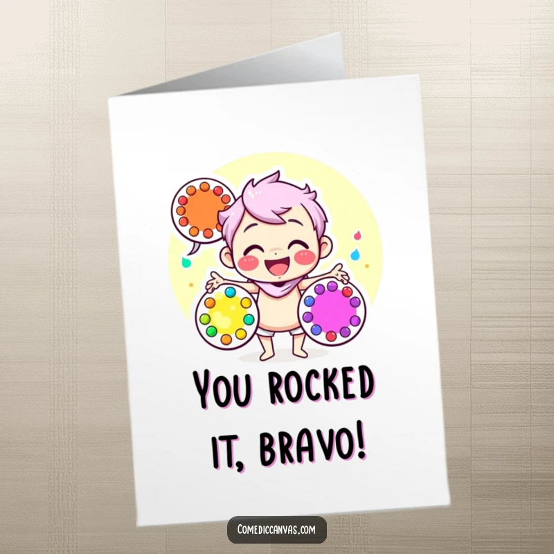 Funny Free Printable Congratulations Card: A happy artist character skillfully juggles three vibrant art palettes, celebrating achievement.