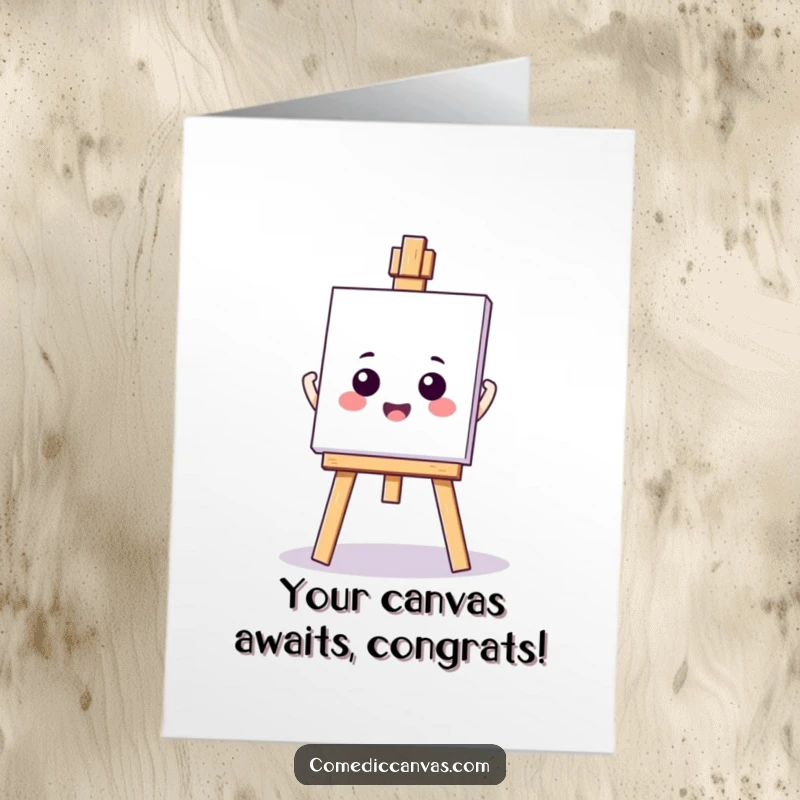 Funny Free Printable Congrats Card: A kawaii easel eagerly holds a blank canvas, ready to celebrate new artistic milestones. Great downloadable art.