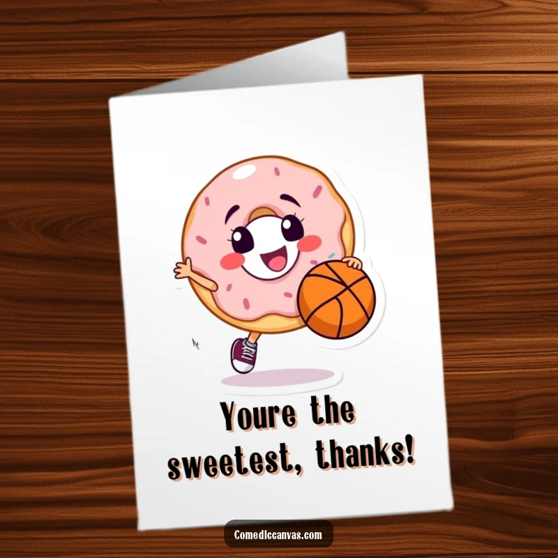 Funny Free Printable Thank You Card: A smiling donut character dribbling a basketball, a fun and sweet way to express thanks.