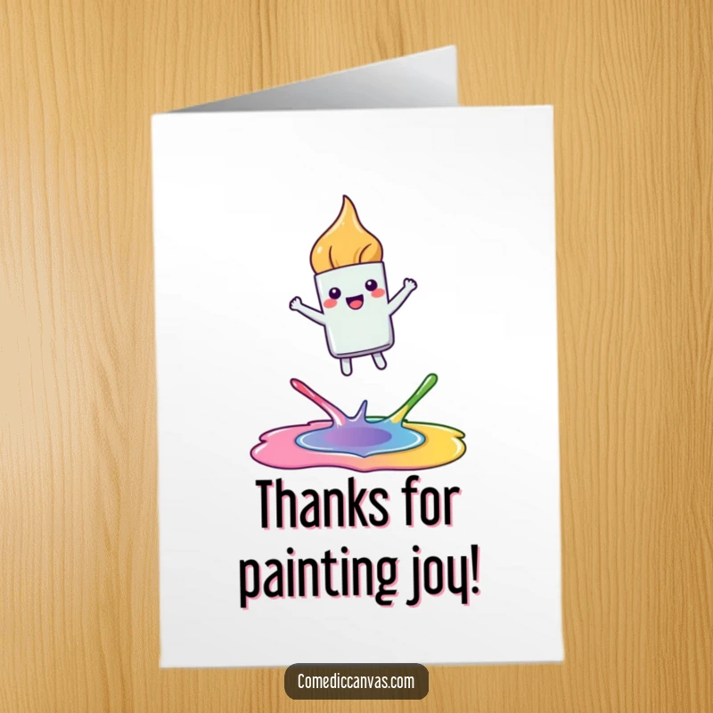 Funny Free Printable Thank You Card: A kawaii paintbrush leaps joyfully between paint puddles, a colorful and humorous expression of thanks.