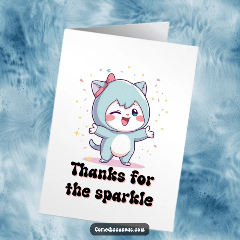 Funny Free Printable Thank You Card: Mischievous character playfully throwing glittery confetti to express thanks.