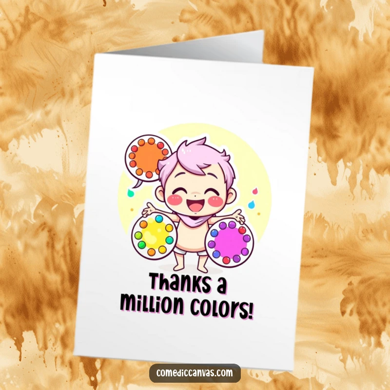 Funny Free Printable Thank You Card: A joyful artist juggles colorful palettes, expressing thanks with artistic flair.