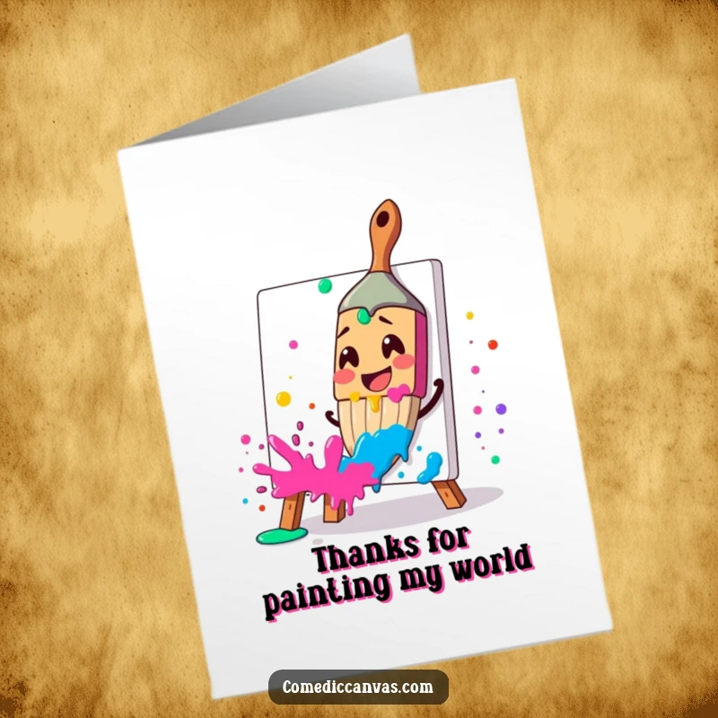 Funny Free Printable Thank You Card with a smiling paintbrush character splattering vibrant paint as a creative thank you.