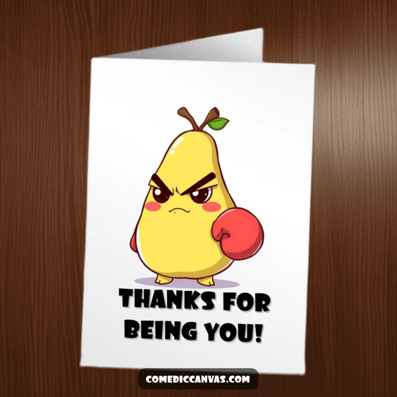 Funny Free Printable Thank You Card: A grumpy pear sporting a small boxing glove and an intimidating glare, a unique thank you.