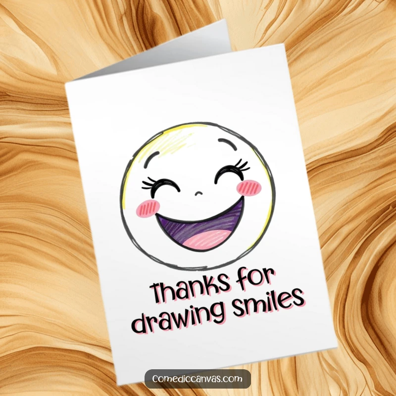 Funny Free Printable Thank You Card: Delighted crayon cartoon drawing a giant smiley face, cheerful gratitude art.