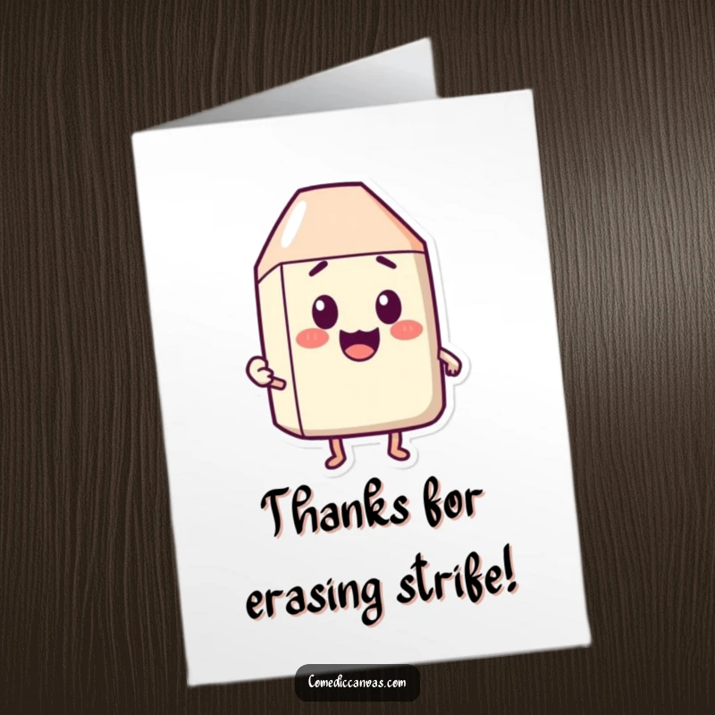 Funny Free Printable Thank You Card: A happy eraser character erasing a surprised face to show thanks.