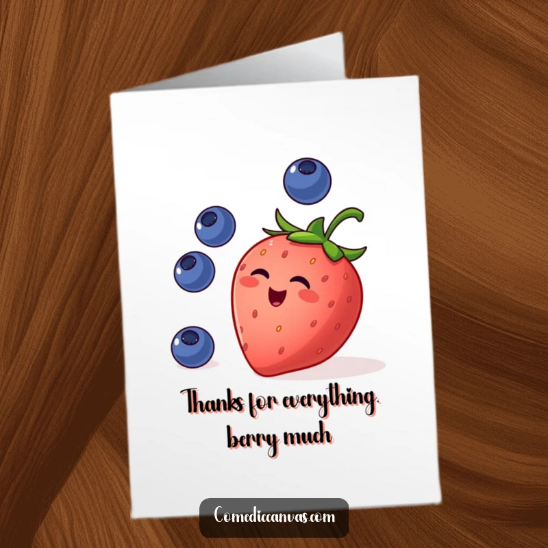 Funny Free Printable Thank You Card: A strawberry juggling blueberries, conveying playful gratitude.