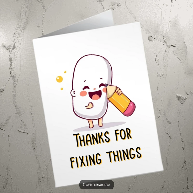 Funny Free Printable Thank You Card: A joyful character pokes a large bouncy eraser with a pencil, thanking someone.