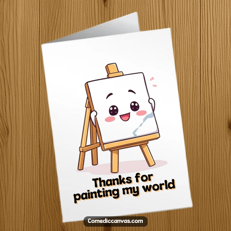Funny free printable thank you card featuring a playful easel character enthusiastically displaying a masterpiece, a creative and charming design.