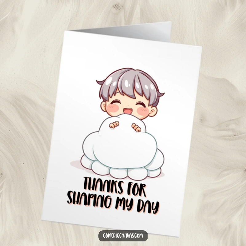 Funny Free Printable Thank You Card: Character marvelously sculpting a cloud from shimmering clay, conveying thanks.