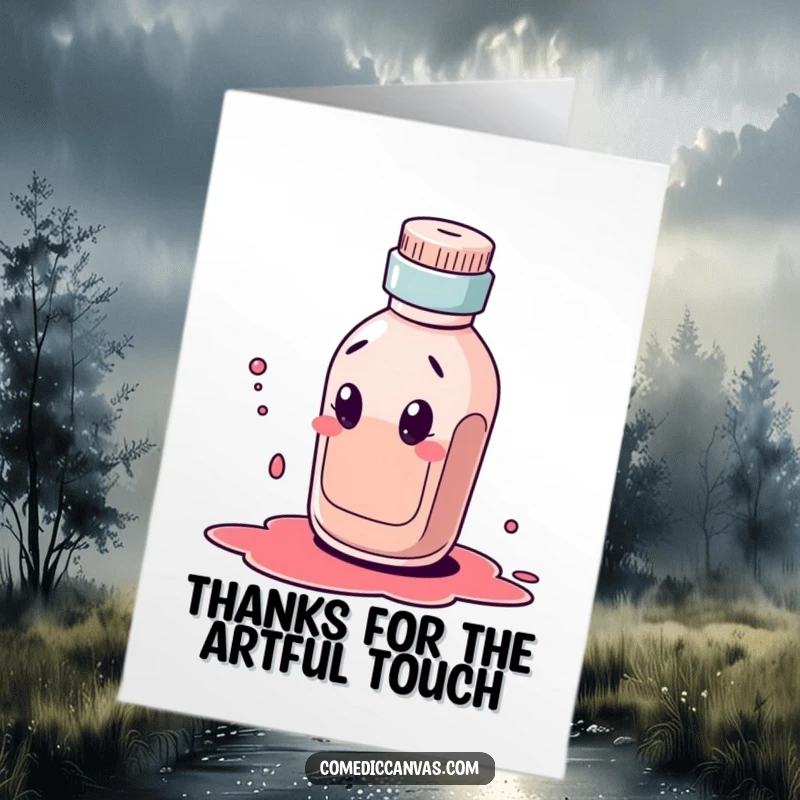 Funny Free Printable Thank You Card: A curious ink bottle character playfully dribbles ink, offering a uniquely funny thank you.
