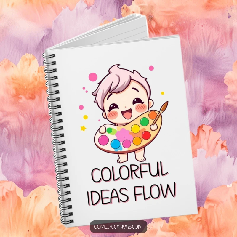 Funny giggling paint palette character overflowing with bright colors, ruled notebook, humorous colorful illustration.