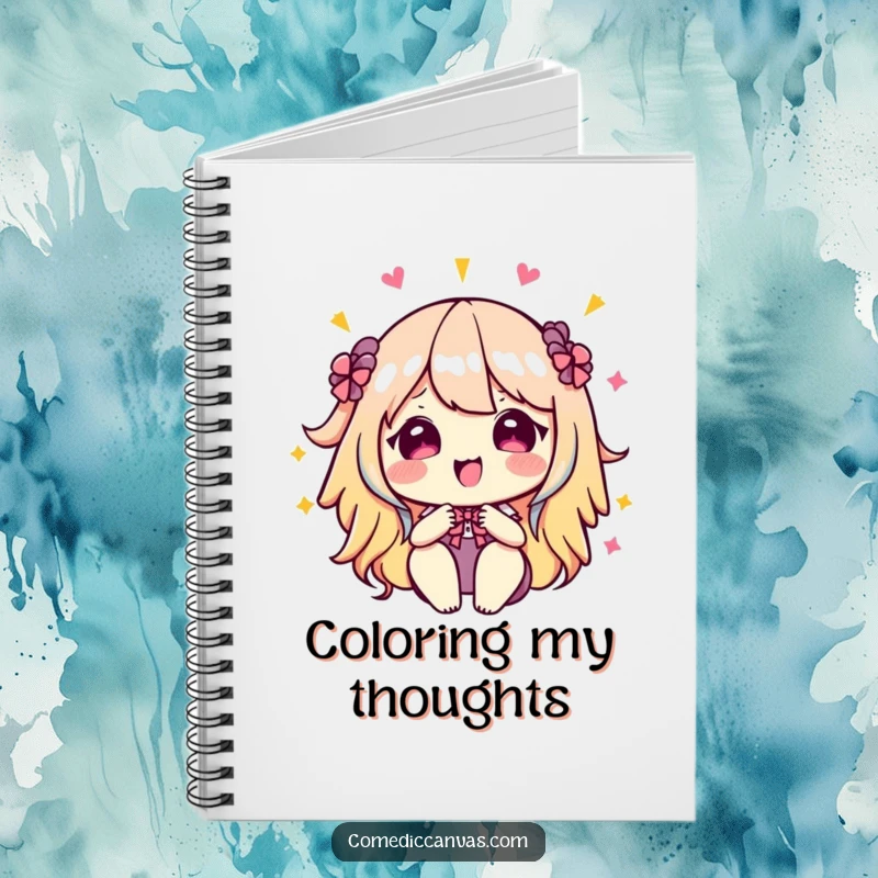 Funny kawaii artist's palette mixing vibrant colors, a notebook for capturing ideas and creative thoughts with artistic humor.