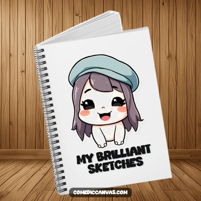 Funny notebook with a grinning artist wearing a tilted beret, encouraging creative thoughts.
