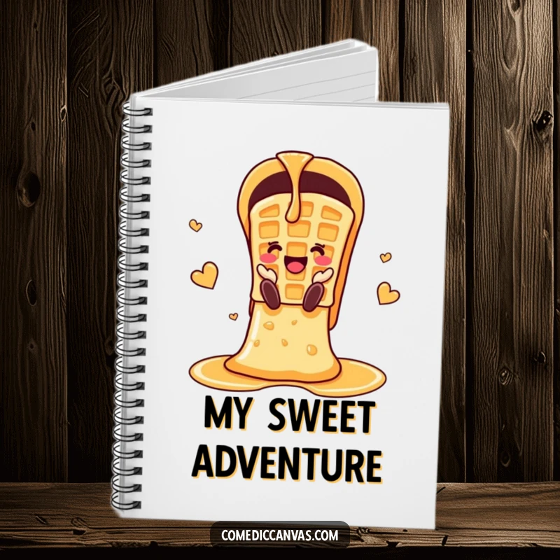 Funny cheerful waffle sliding down a syrup chute, a notebook for jotting down ideas and dreams.
