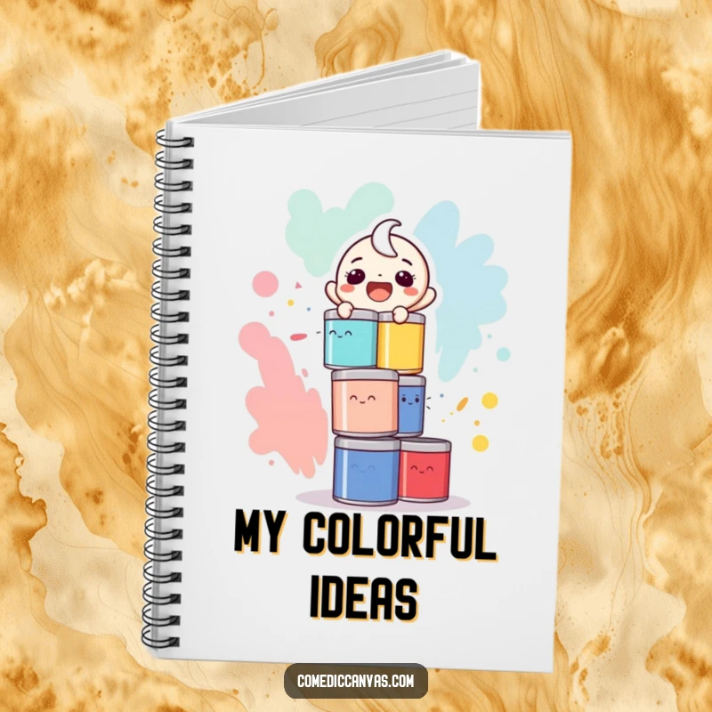 Funny notebook cover with a character laughing while precariously balancing a stack of colorful paint cans.