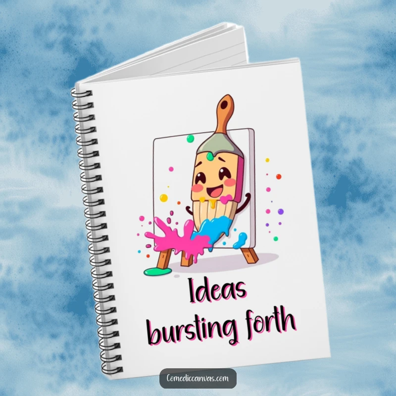Funny notebook with a smiling paintbrush splattering paint, perfect for sketching ideas, a funny gift.