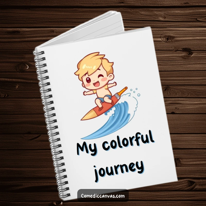 Funny notebook cover featuring a character happily surfing a paintbrush down a canvas wave, perfect for capturing creative thoughts.