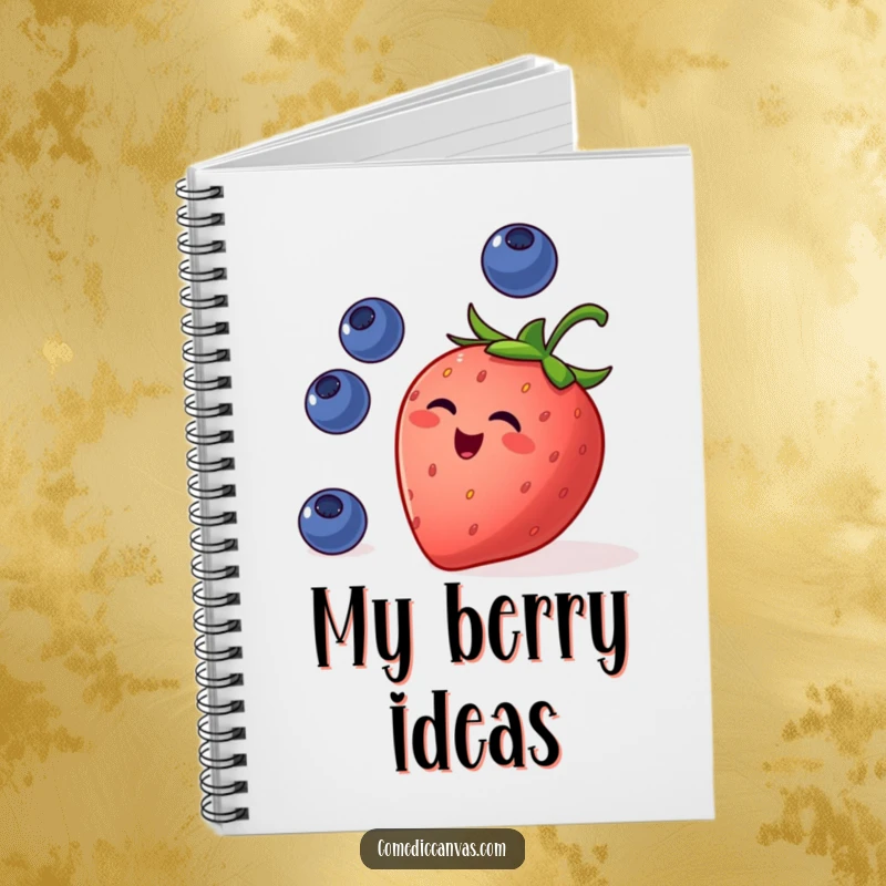 Funny notebook cover showing a mischievous strawberry juggling small blueberries, celebrating healthy fun and creative expression.