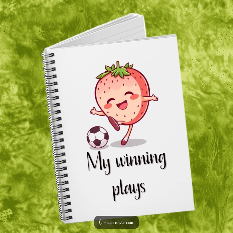 Funny joyful strawberry character kicking a soccer ball with a grin, inspiring creativity and organization in this notebook.