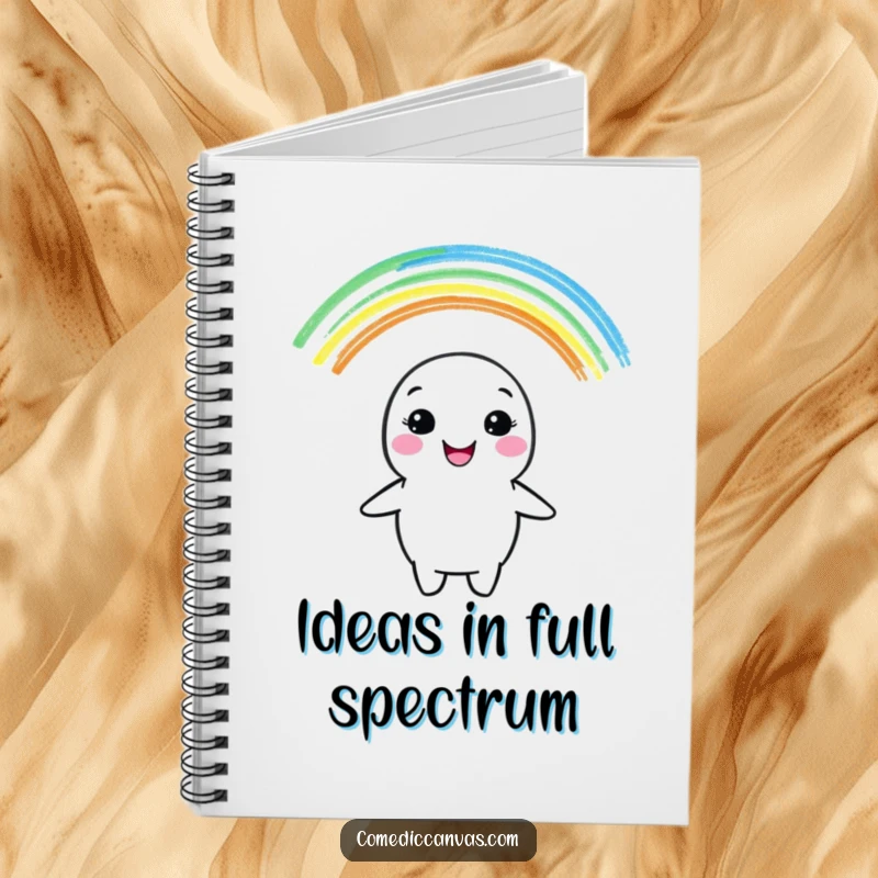 Funny notebook cover with a cheerful crayon character drawing a vibrant rainbow, perfect for creative writing and colorful ideas.