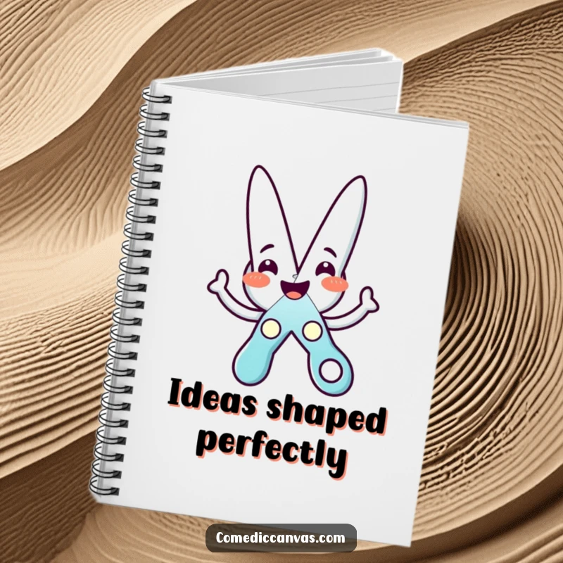 Funny notebook with a beaming scissors character cutting a star, perfect for jotting down creative thoughts.