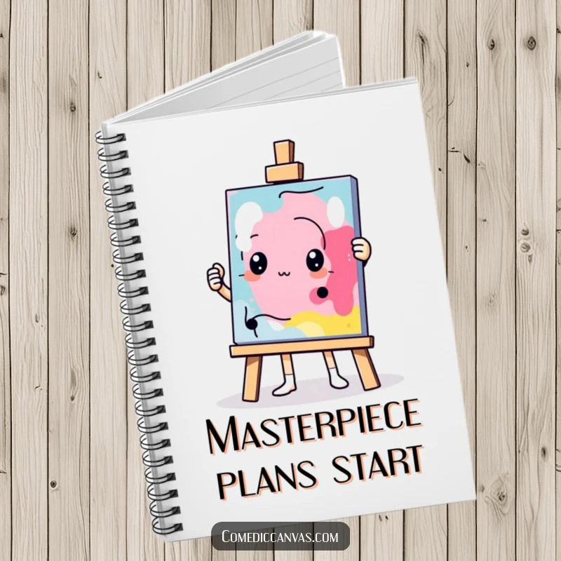 Funny determined easel character holding up an abstract masterpiece, ruled notebook, humorous artistic illustration.
