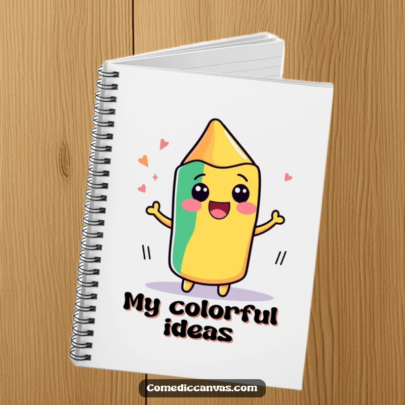 Funny notebook featuring a cute, kawaii crayon wiggling with delight as it draws, perfect for sketching and writing ideas.