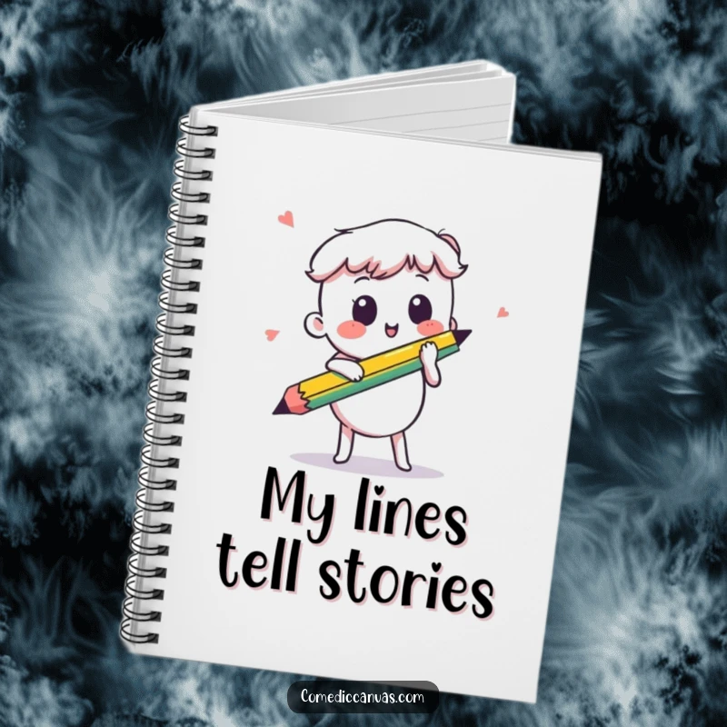 Funny kawaii pencil drawing a quick line, a notebook designed for artists to capture ideas with energetic humor.