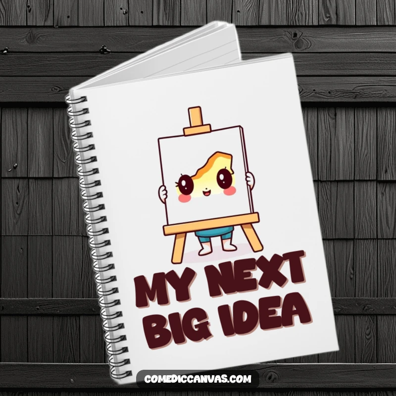 Funny notebook with a cute easel character holding up a vibrant, unfinished sketch, designed for artists and note-takers.