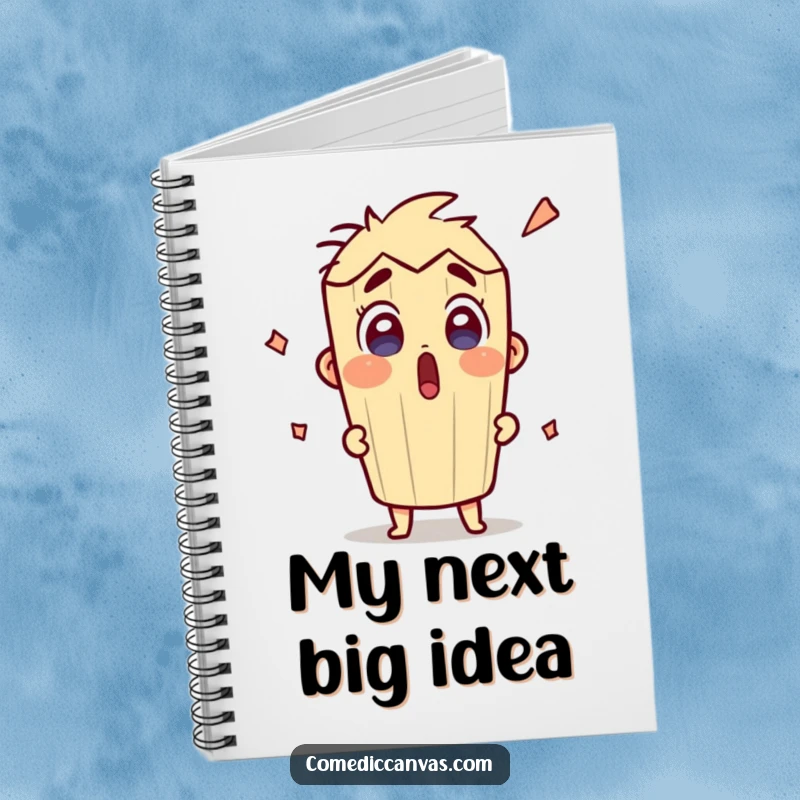 Funny surprised pencil character excitedly sketching on a notebook cover, encouraging creative writing and doodling.