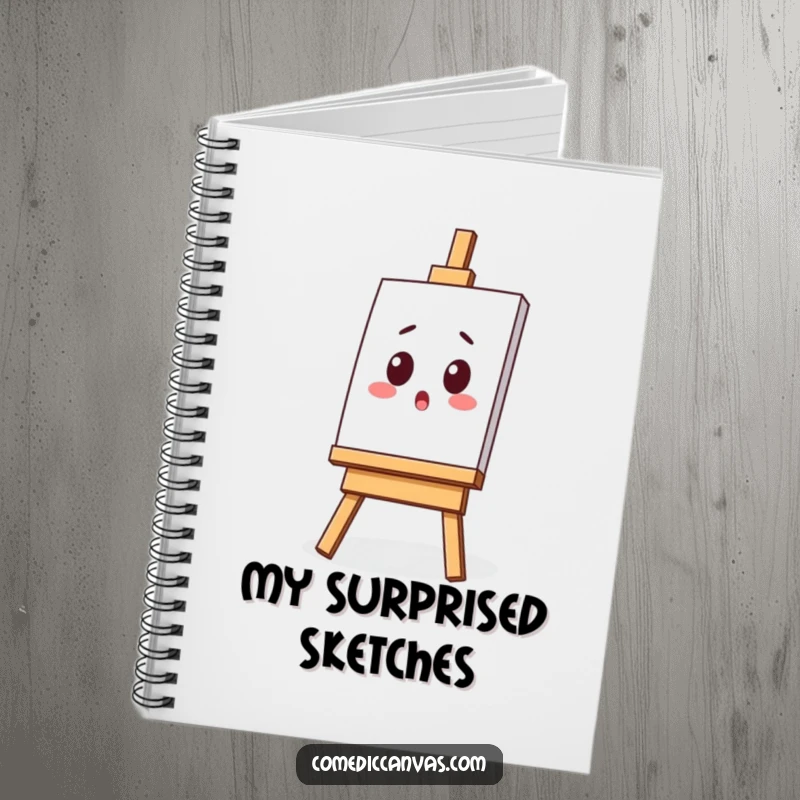 Funny notebook featuring a surprised kawaii easel with a tilted canvas, perfect for jotting down creative ideas and sketches.