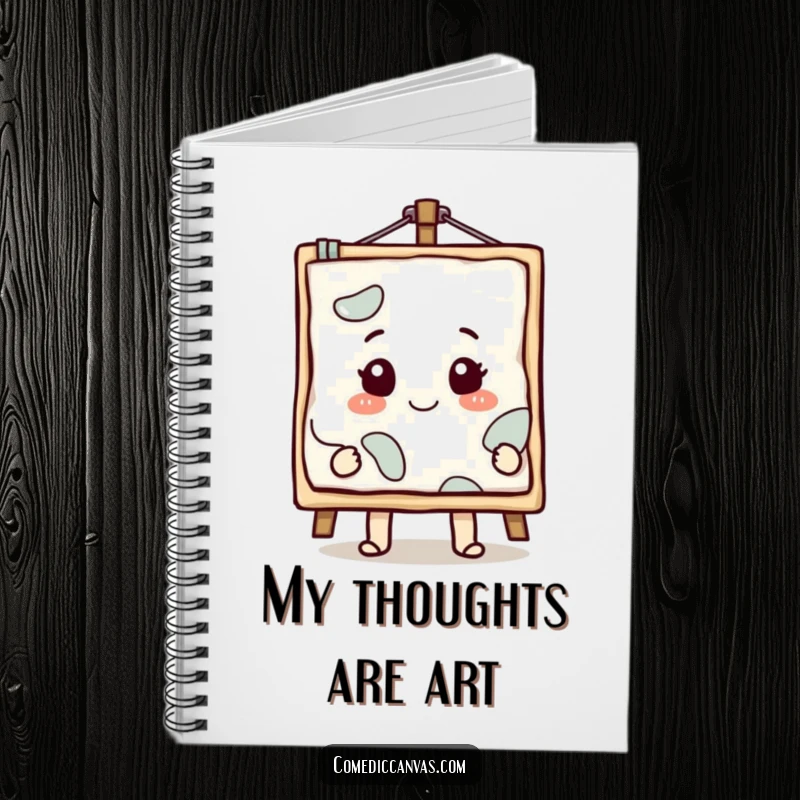 Funny smiling canvas character with a masterpiece emerging, a humorous notebook for creative ideas.