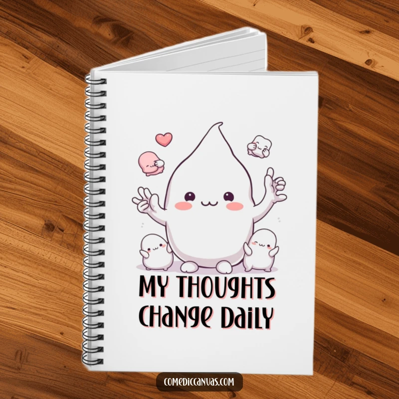 Funny playful clay blob character molding into shapes, ruled notebook, humorous artistic illustration.