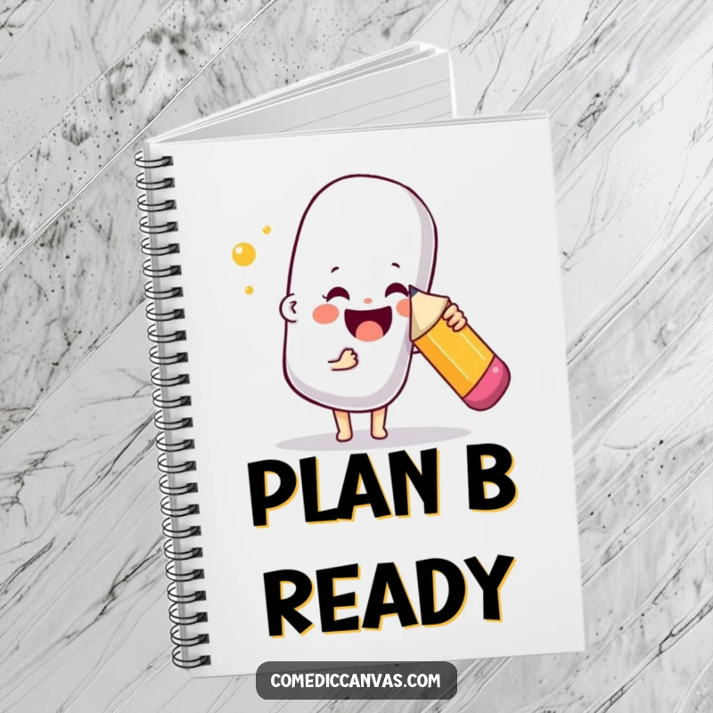 Funny notebook cover with a joyful character poking a giant bouncy eraser with a pencil, ideal for jotting down creative thoughts.