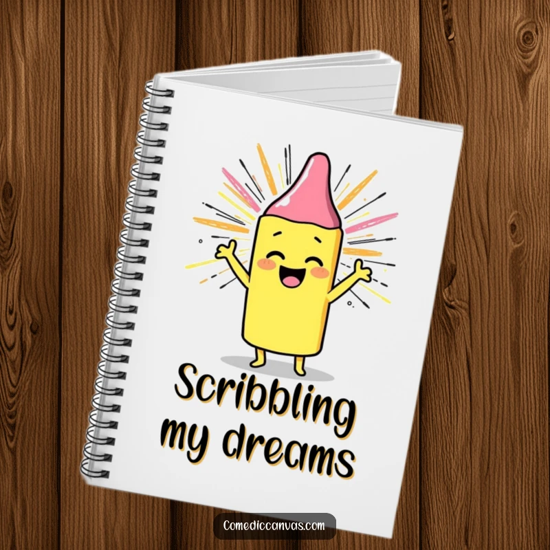 Funny notebook with a cheerful crayon drawing a sunburst, perfect for jotting down ideas, a funny gift.
