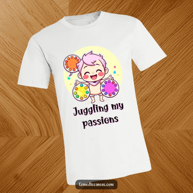 Funny t-shirt showcasing a cheerful character juggling three colorful art palettes, representing creative energy and artistic fun.