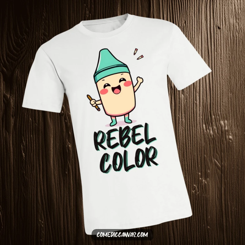 Funny t-shirt featuring a smiling crayon character excitedly coloring outside the lines of a shape, representing freedom.