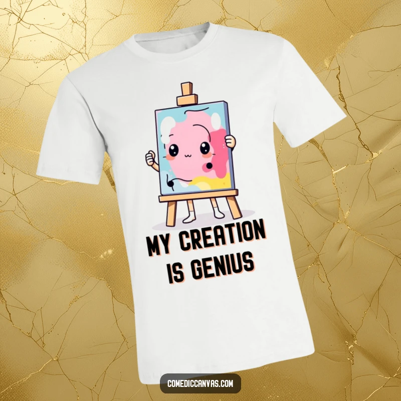 Funny determined easel character holding up a comically abstract masterpiece, graphic t-shirt, humorous artistic illustration.