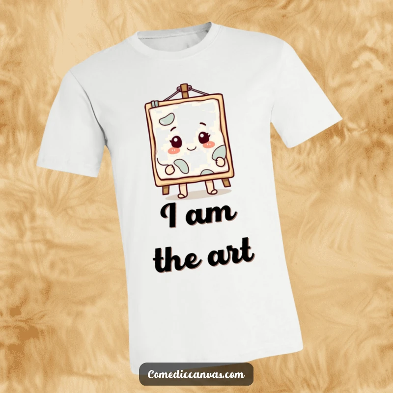 Funny smiling canvas character with a masterpiece emerging, a comical graphic tee for art lovers.