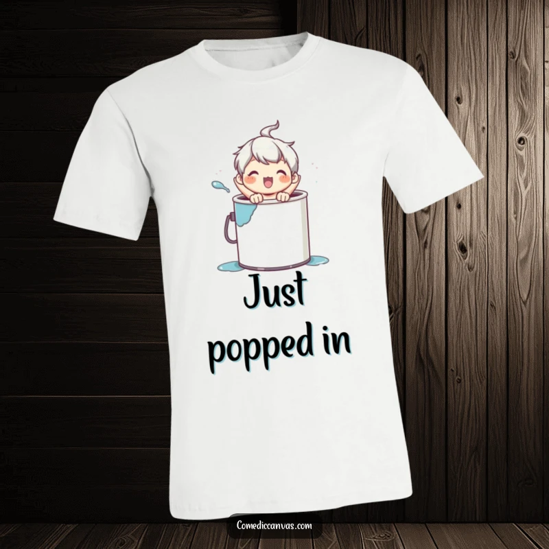 Funny t-shirt featuring a joyful character leaping out of a paint can, celebrating creativity and humor.