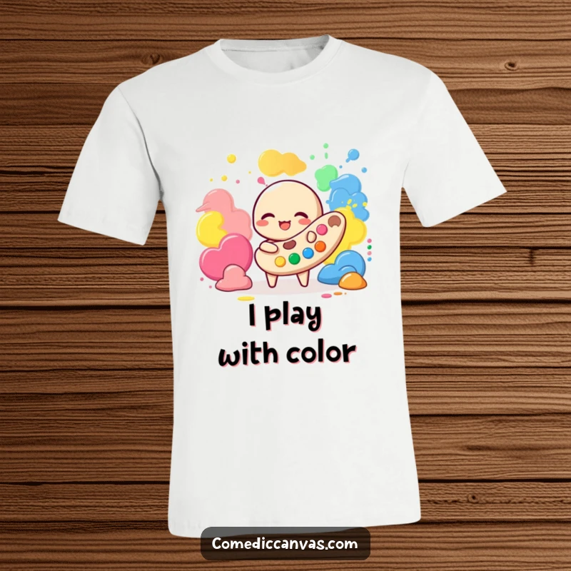 Funny t-shirt with a happy palette character energetically playing with various colorful paint blobs, highlighting the fun of art.