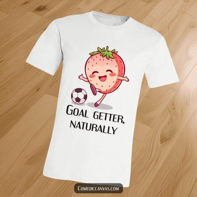 Funny joyful strawberry character kicking a soccer ball with a big grin, sporting athletic energy on this t-shirt.
