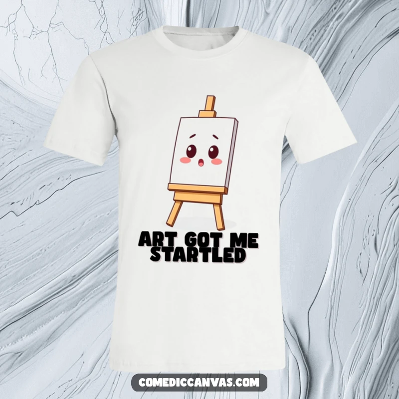Funny t-shirt depicting a surprised kawaii easel with a tilted canvas, ideal for artists who love spontaneous creativity.