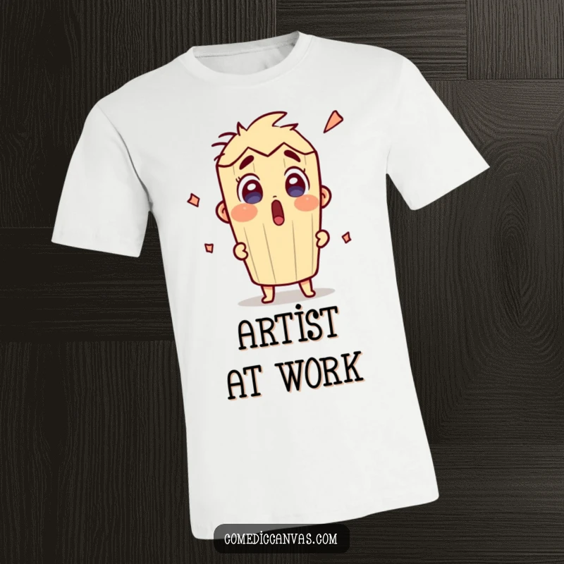 Funny surprised pencil character excitedly drawing on a t-shirt, showcasing artistic passion and a humorous, energetic vibe.