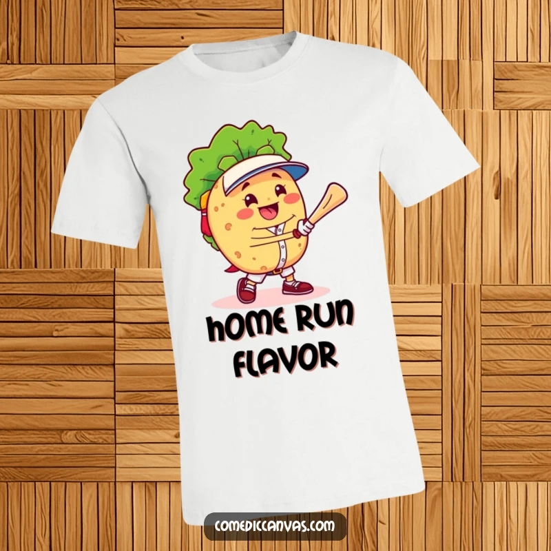 Funny cheerful taco character triumphantly playing baseball with a winning smile, embodying sporty spirit on this t-shirt.