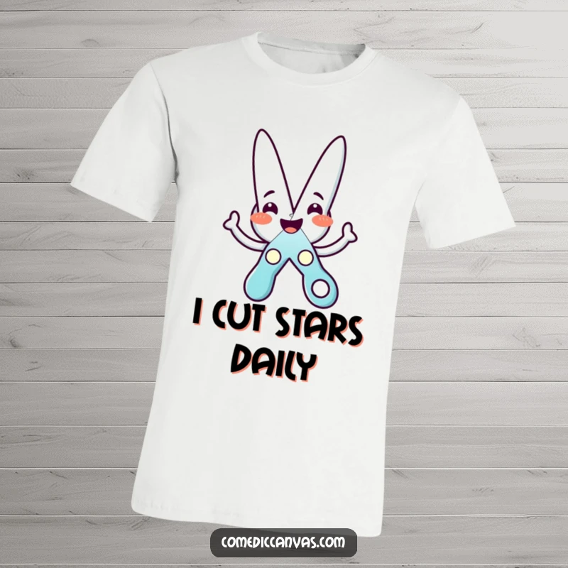 Funny T-shirt with a beaming scissors character joyfully crafting a star, ideal for expressive individuals.