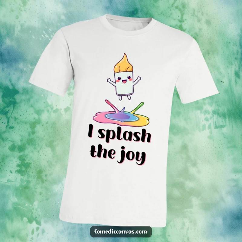Funny t-shirt depicting a happy, kawaii paintbrush leaping joyfully between colorful paint puddles, perfect for art lovers.
