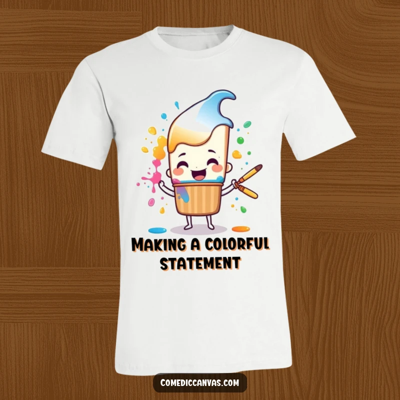 Funny cheerful paintbrush character happily splattering colorful paint, a comical graphic tee for art enthusiasts.