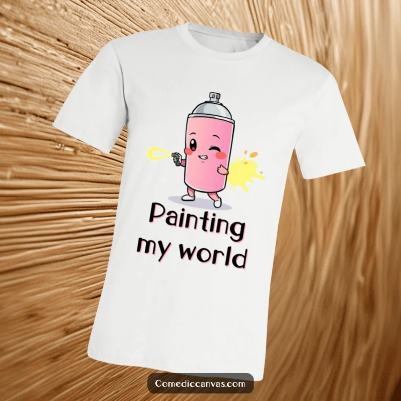 Funny t-shirt depicting a determined spray paint can character leaving a bold, colorful, and expressive trail.